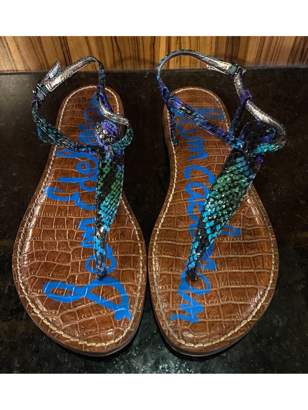 Sam Edelman Gigi Shoes Thongs Flip Flops Sandals 8 8M Blue Green Beach Gator EUC